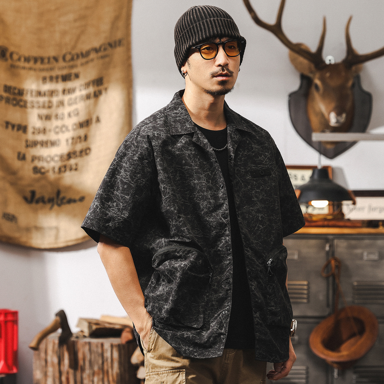 立體拉鍊口袋工裝襯衫男短袖夏季美式復古潮流戶外機能風襯衣外套