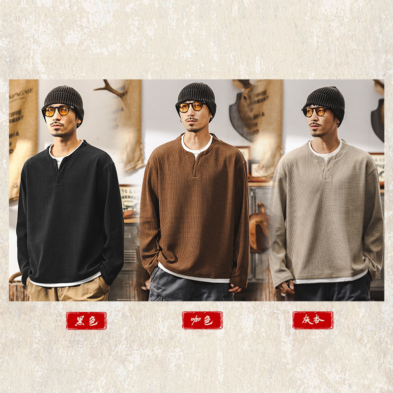 美式復古400g重磅假兩件歐棉絨長袖t恤男冬季加絨衛衣男士亨利衫