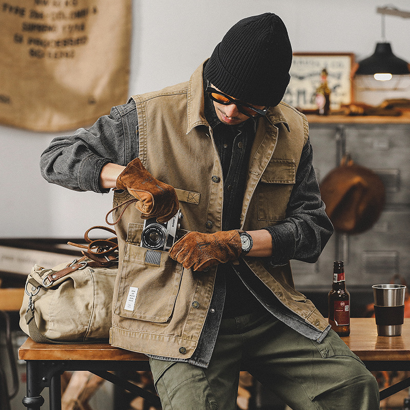 美式重磅复古工装夹克男春季钓鱼户外战术机能多口袋工装马甲外套