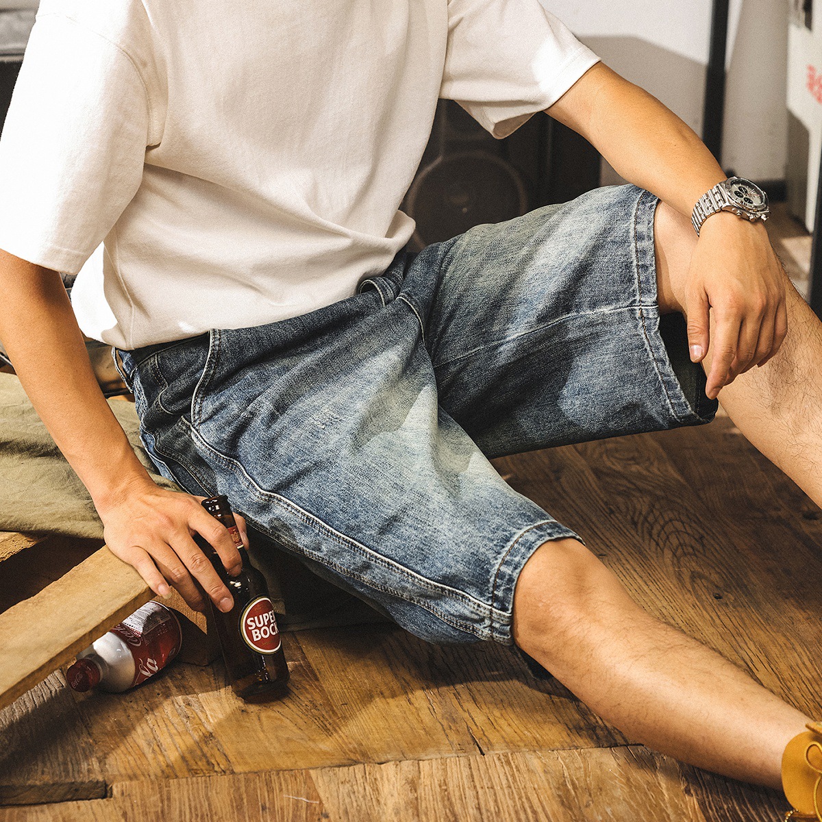 美式復古水洗牛仔短褲男夏季潮牌新款直筒五分褲男款寬鬆休閒中褲