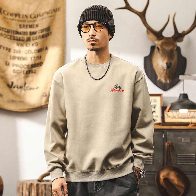 美式復古350g重磅黑色衛衣男秋冬新款潮牌山系印花體恤寬鬆上衣男