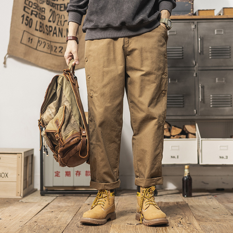 2024重磅排扣褲子設計款休閒褲春季男士寬鬆直筒潮流經典工裝長褲