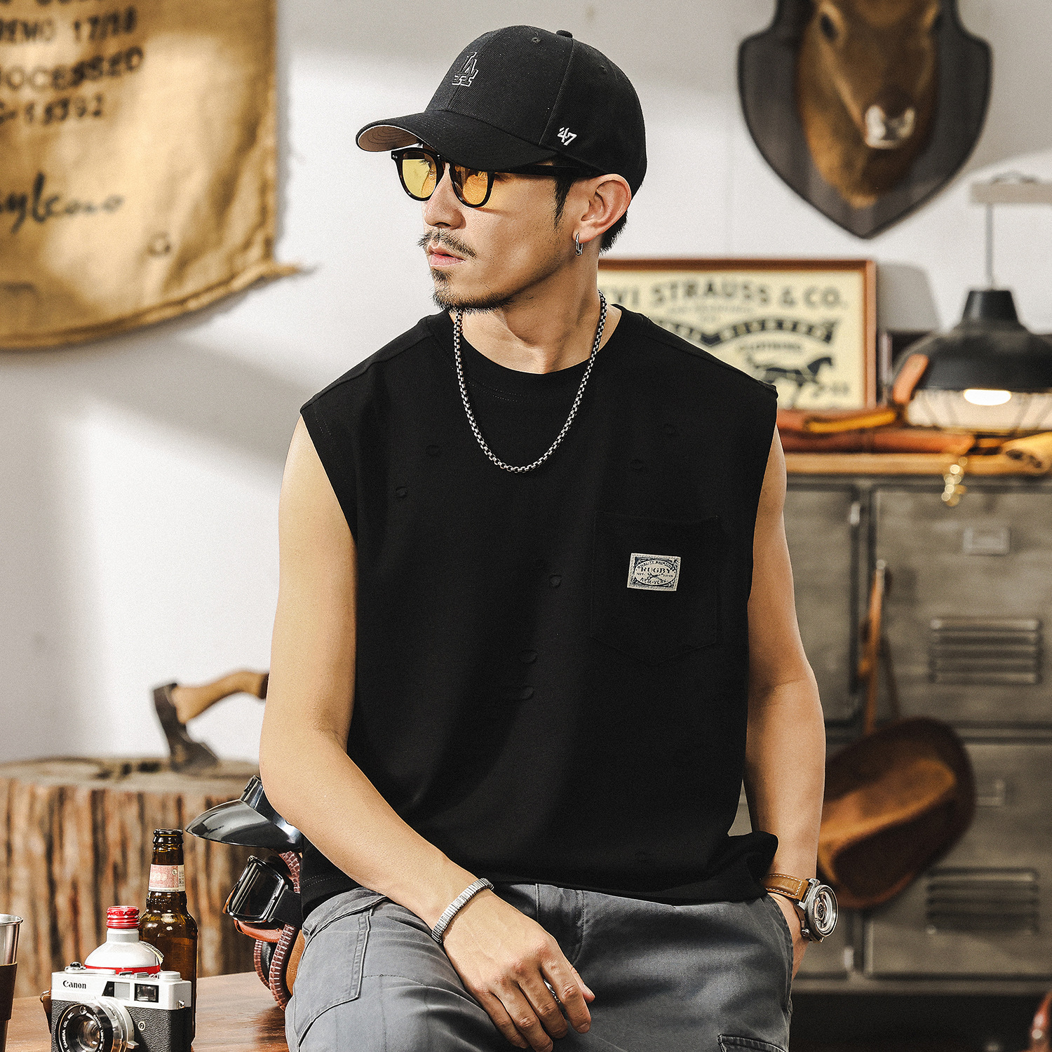 美式復古破洞肌理感健身背心男款夏季運動坎肩馬甲潮牌寬鬆T恤男