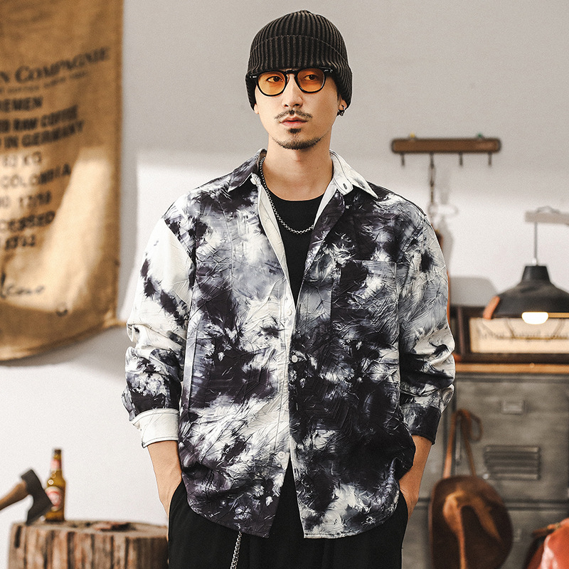 國風水墨長袖襯衫男春季2025新款潮牌高級感紮染印花襯衣外套春秋
