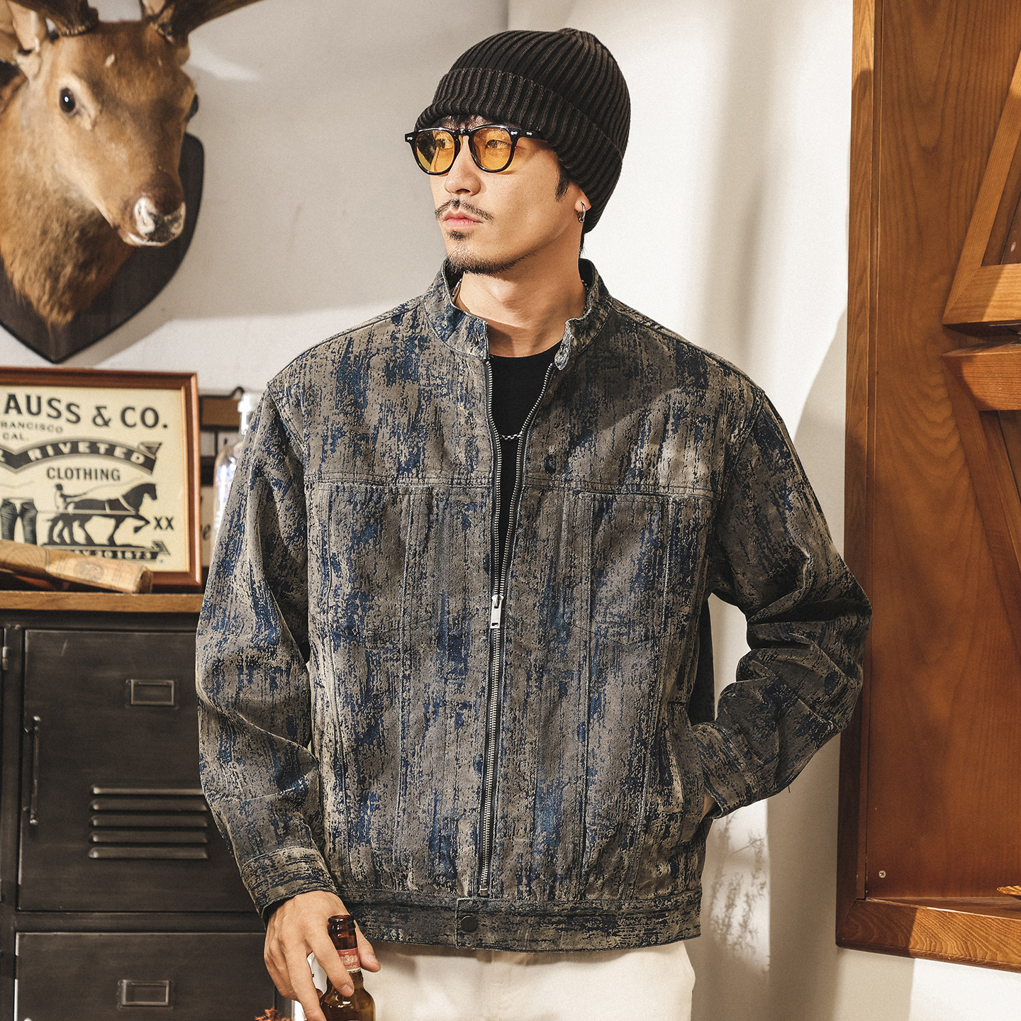 美式復古廢土風髒髒植絨牛仔外套男春秋潮流痞帥潮牌休閒男士夾克