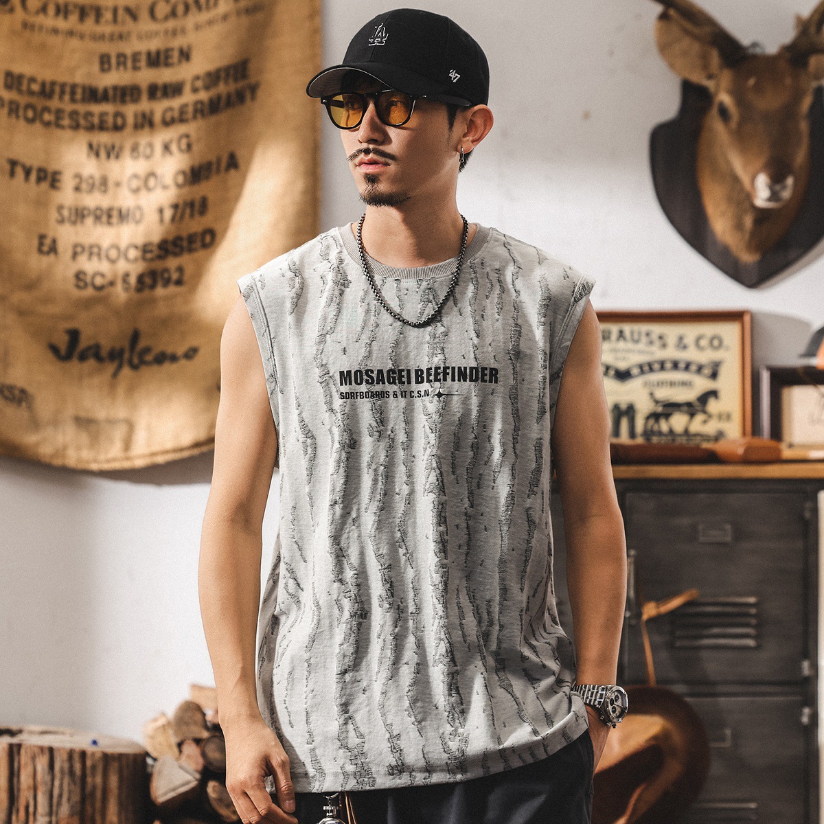 鉤花戰損潮流坎肩男士背心2025新款夏季薄款寬鬆大碼男生美式t恤