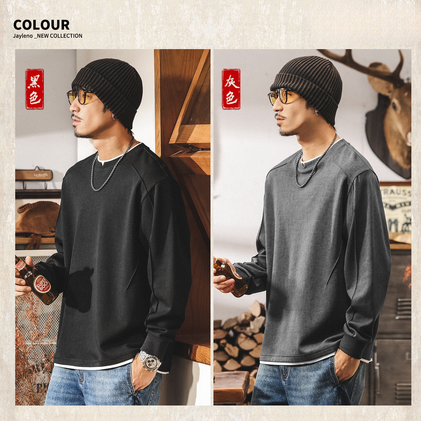 美式復古260g重磅長袖t恤男寬鬆秋季新款潮牌拼接假兩件男裝上衣