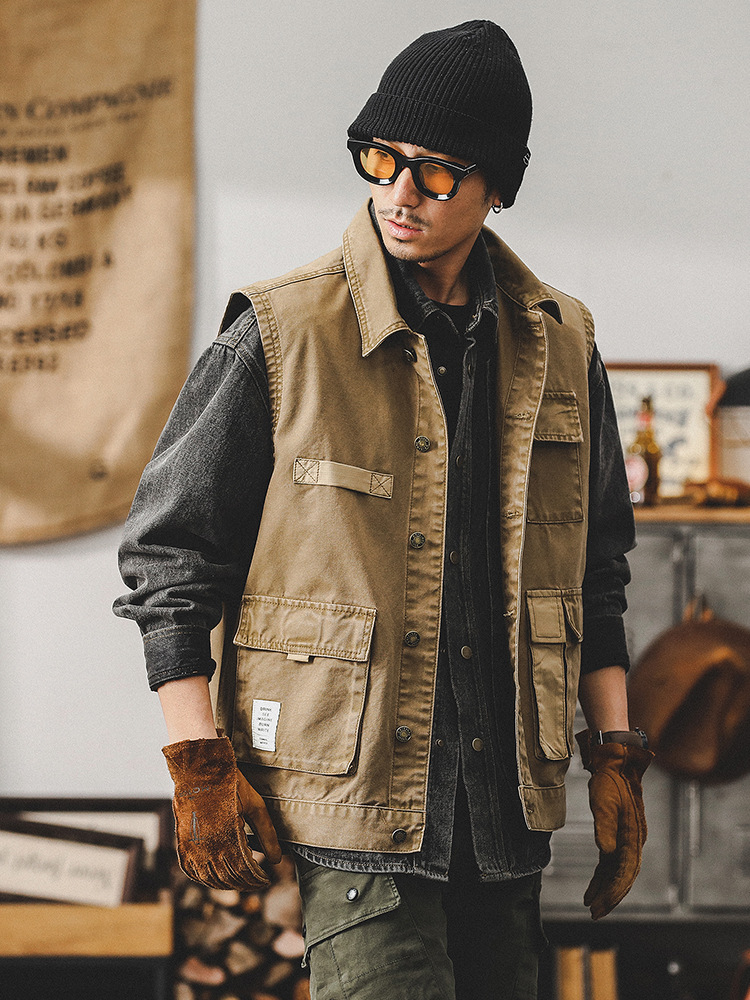 美式重磅复古工装夹克男春季钓鱼户外战术机能多口袋工装马甲外套