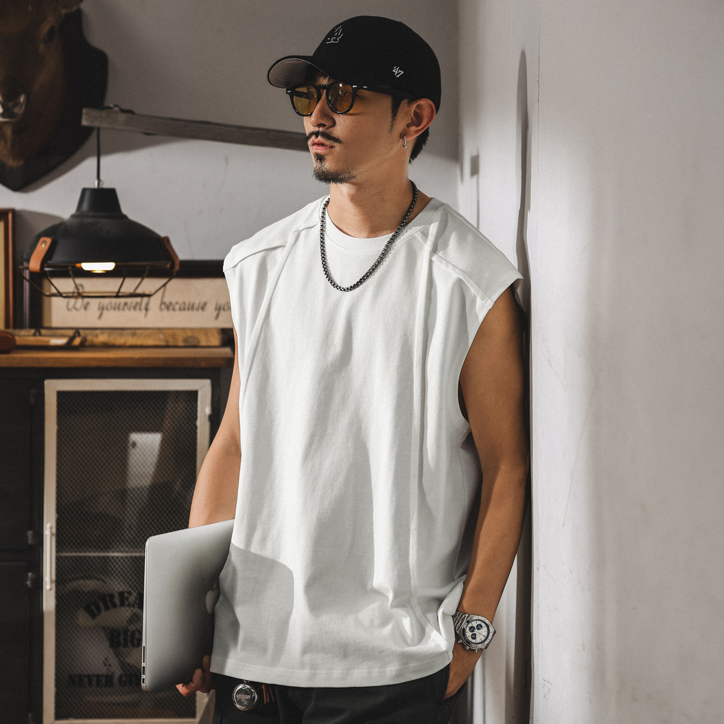 美式復古重磅280g男士背心夏季新款潮牌拼接坎肩寬鬆無袖純棉T恤