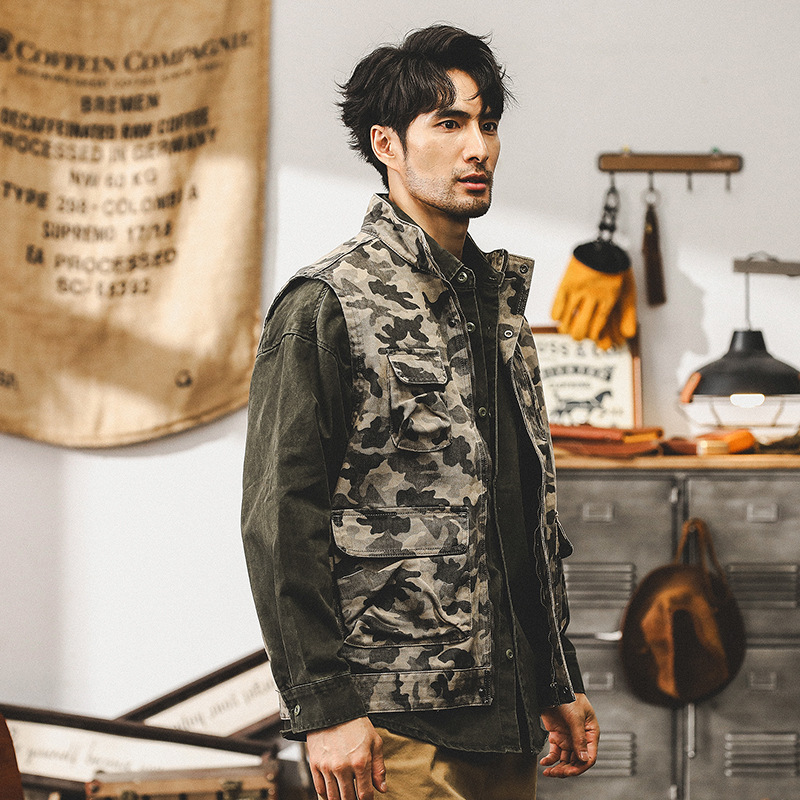 美式複古重磅迷彩夾克外套男秋季戶外機能寬松阿美咔叽工裝馬甲男