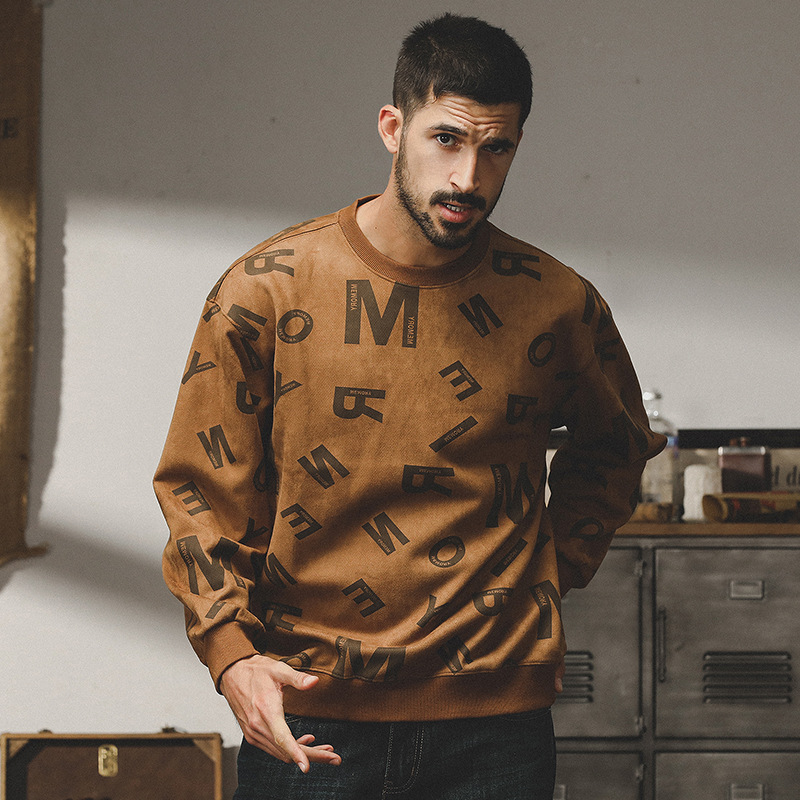 杰雷諾美式復古重磅麂皮絨衛衣男2023年秋季新款寬鬆厚款印花體恤