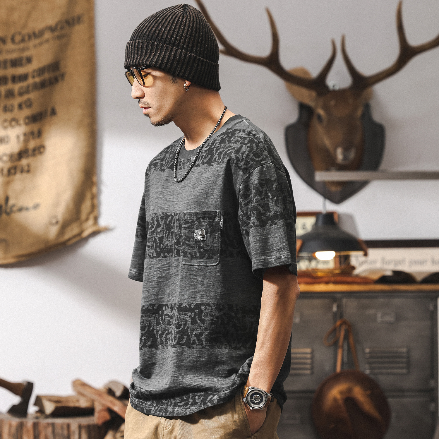 高級感竹節棉T恤男夏季2025新款潮流紋理條紋印花短袖男寬鬆上衣T