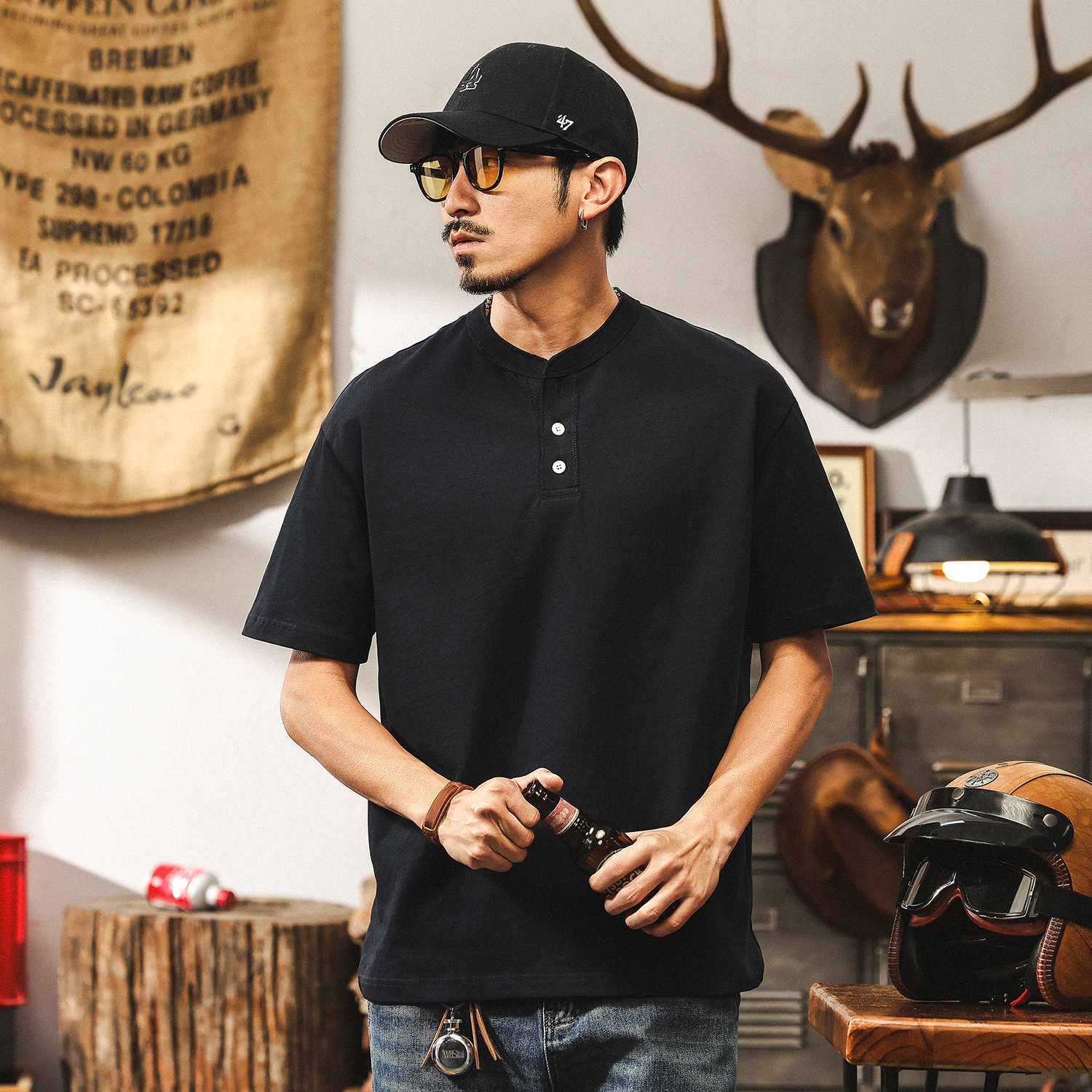 美式復古300g重磅T恤男夏季亨利領短袖男士polo衫潮牌寬鬆上衣男