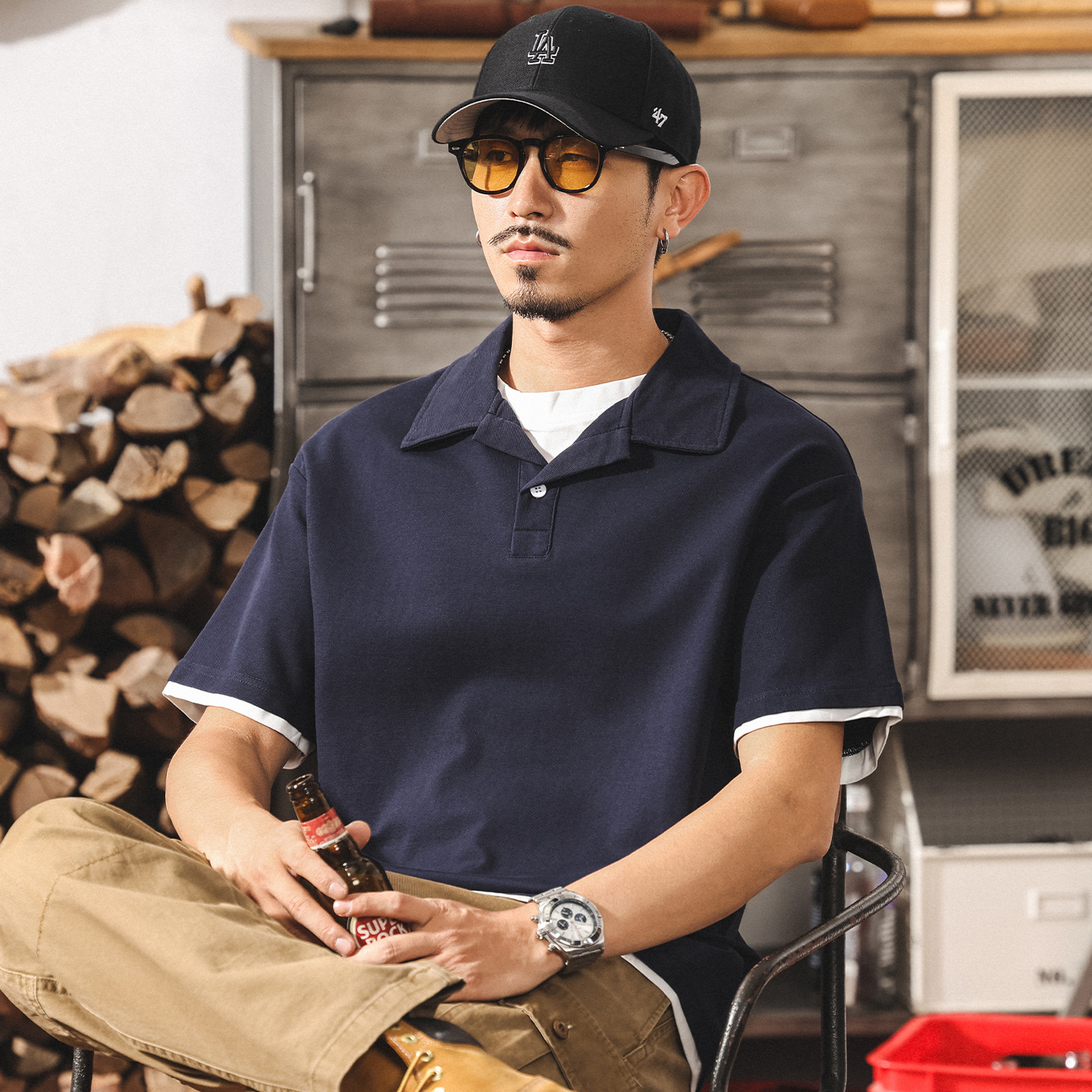 美式復古假兩件短袖Polo衫男士夏季潮牌寬鬆t恤男裝休閒半袖上衣T