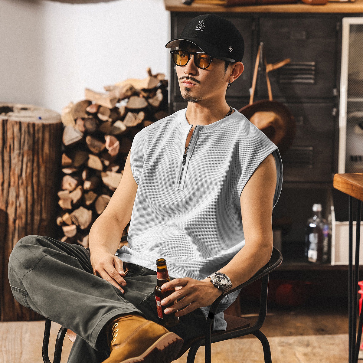 夏季新款半拉鍊痞帥運動健身背心男寬鬆潮牌華夫格肌理感男士T恤