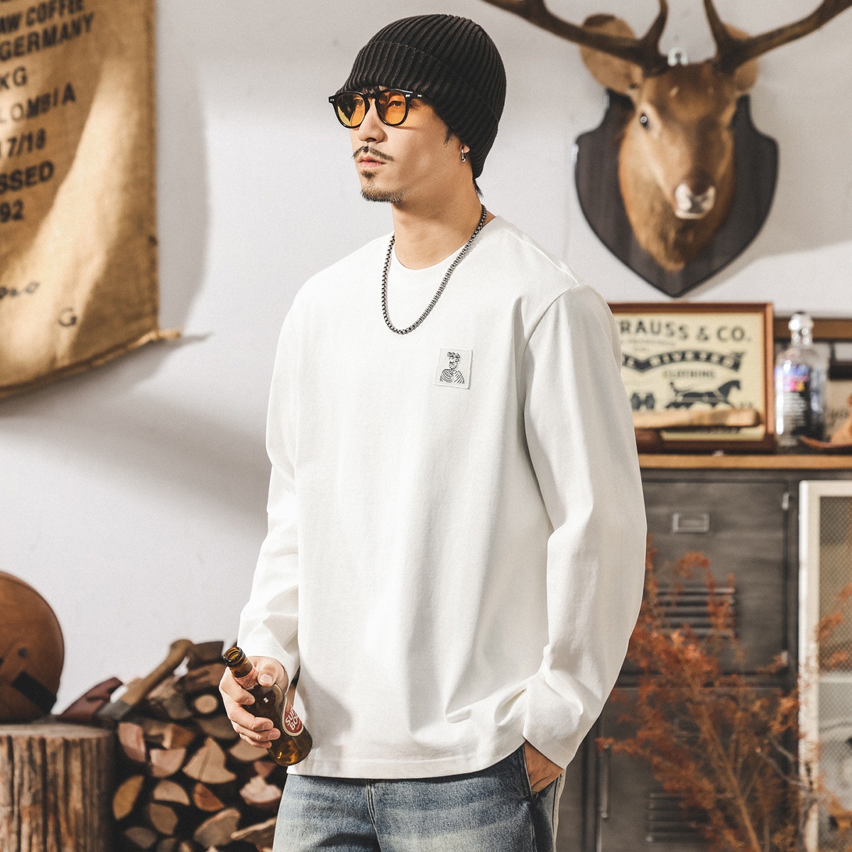 美式復古重磅長袖t恤男2025秋季新款寬鬆簡約潮牌男裝白色上衣男T