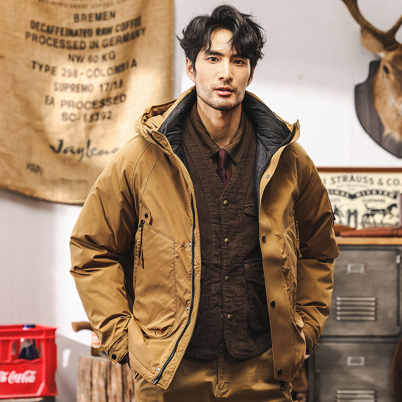 90%白鴨絨冬季工裝羽絨服男潮牌美式復古石墨烯機能連帽秋冬外套