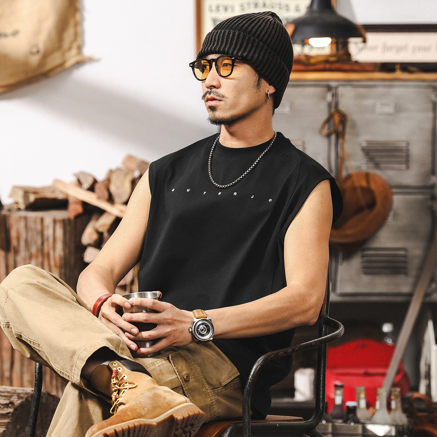 索羅娜涼感無袖T恤男夏季潮牌發泡印花寬鬆男士運動健身坎肩背心