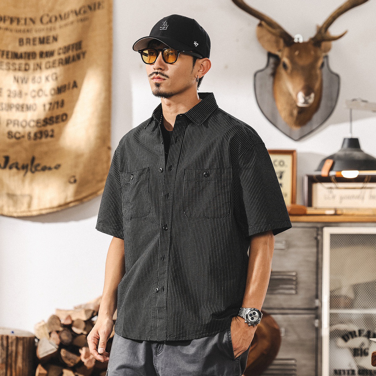 美式復古工裝襯衫男士短袖2025夏季新款寬鬆大碼休閒條紋襯衣外套