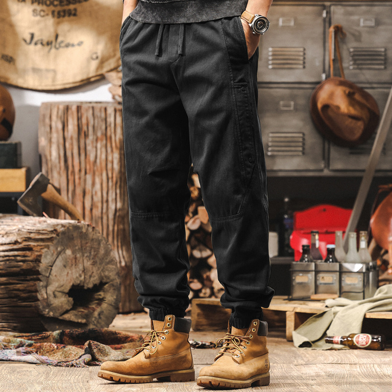 美式復古燈芯絨拼接工裝褲子男秋冬款潮牌做舊水洗寬鬆男士休閒褲