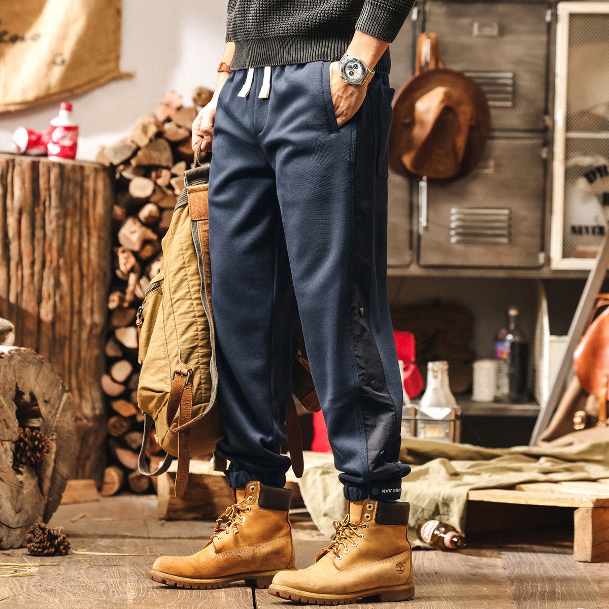 美式重磅復古休閒褲子男秋季2025新款男士衛褲潮牌拼接運動束腳褲