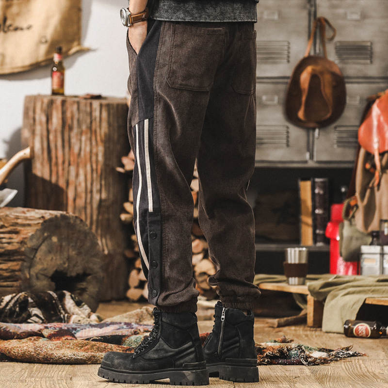 美式復古重磅休閒衛褲男秋冬款潮流條紋長褲子男士拼接束腳工裝褲