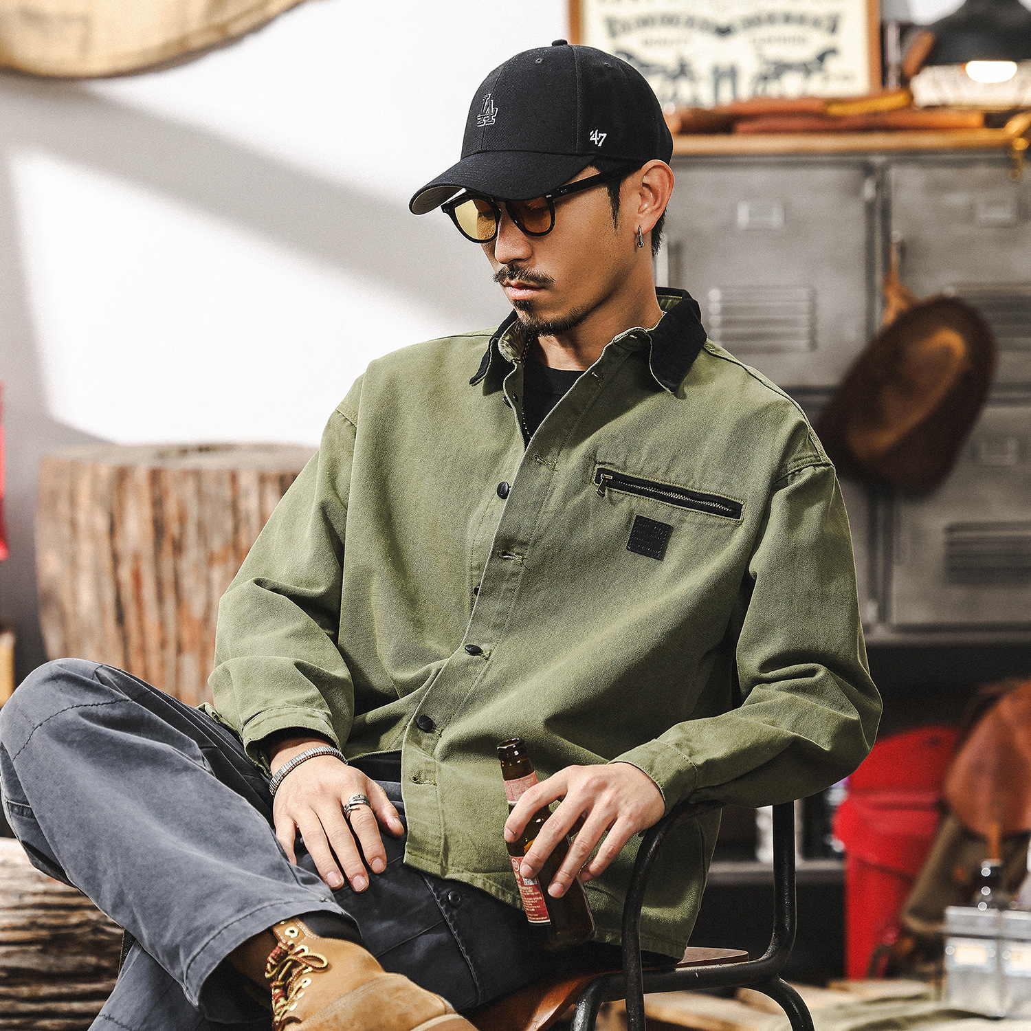 美式復古工裝襯衫男長袖秋季新款戶外獵裝潮牌寬鬆襯衣外套男春秋