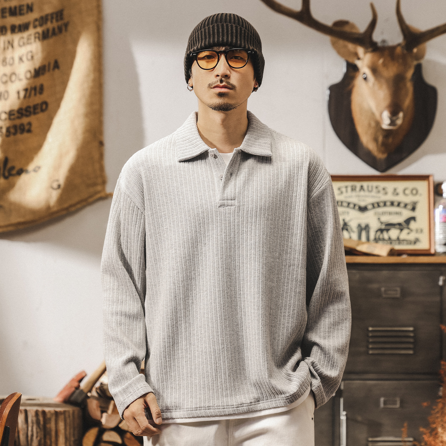 美式重磅復古Polo衫男士秋季新款針織提花毛衣潮流假兩件長袖上衣