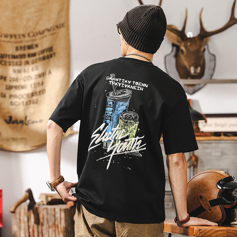 立體漿印40支涼感T恤男2025新款美式復古短袖男夏季寬鬆男士上衣