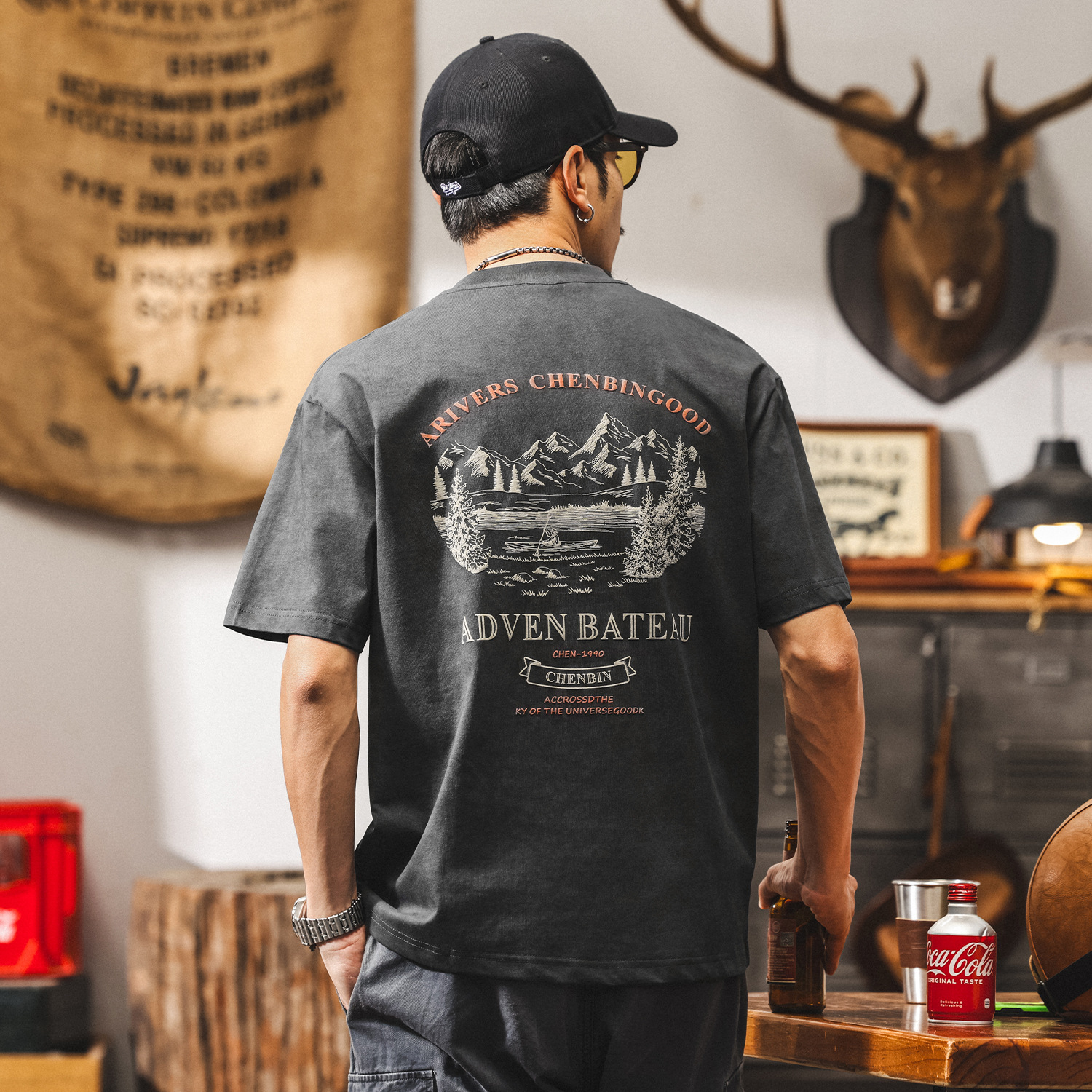 美式復古做舊水洗T恤男夏季山系戶外印花短袖男款潮牌寬鬆上衣男