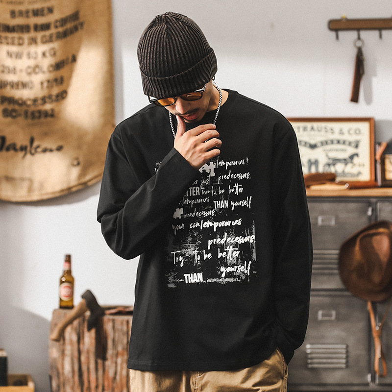美式重磅長袖T恤男潮牌設計感創意印花體恤男士秋季寬鬆黑色上衣T