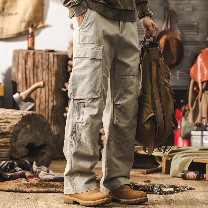 美式復古水洗做舊大口袋工裝褲男秋季潮牌寬鬆直筒男士闊腿休閒褲