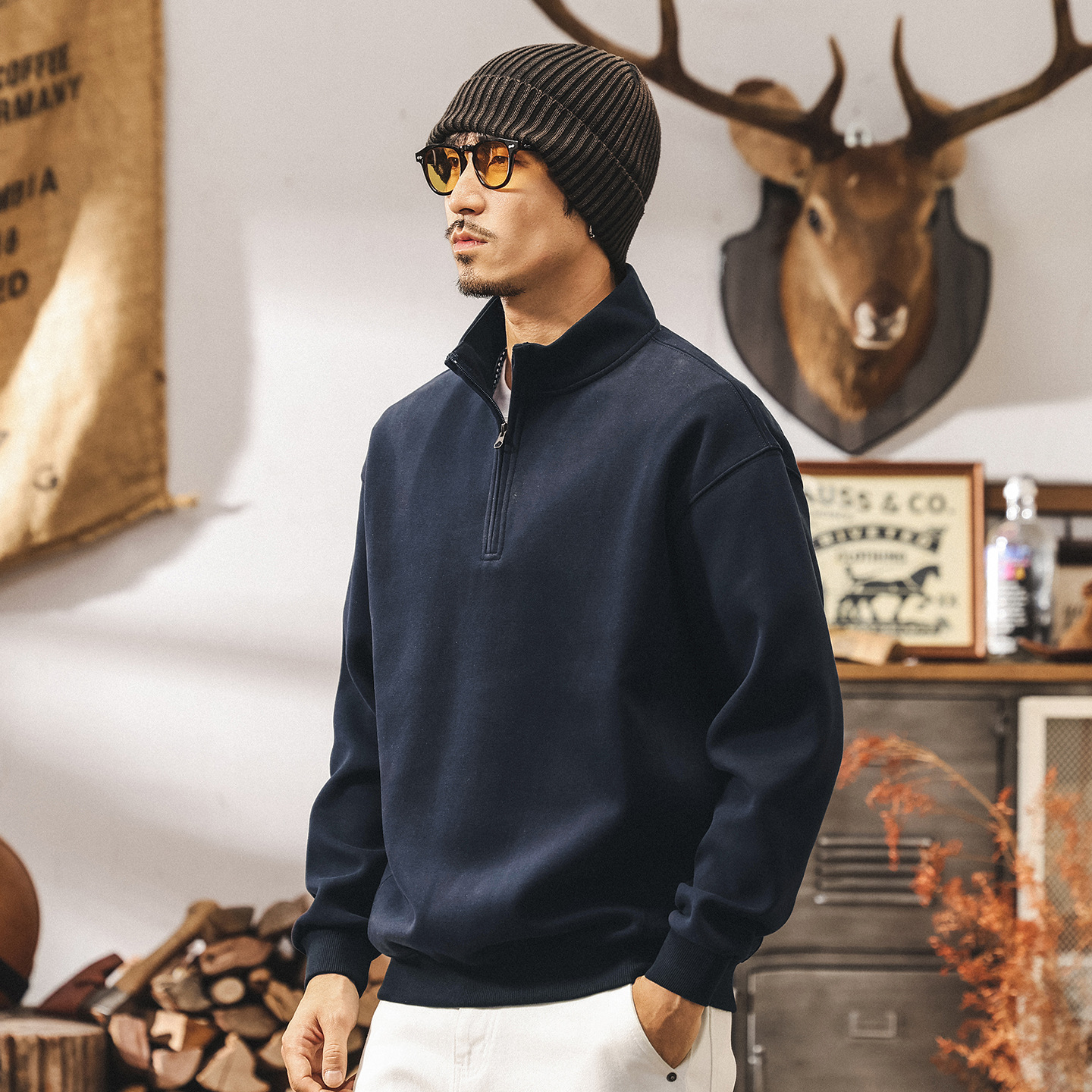 美式復古半拉鍊套頭衛衣男春秋新款立領兔兔絨潮牌寬鬆秋季上衣男