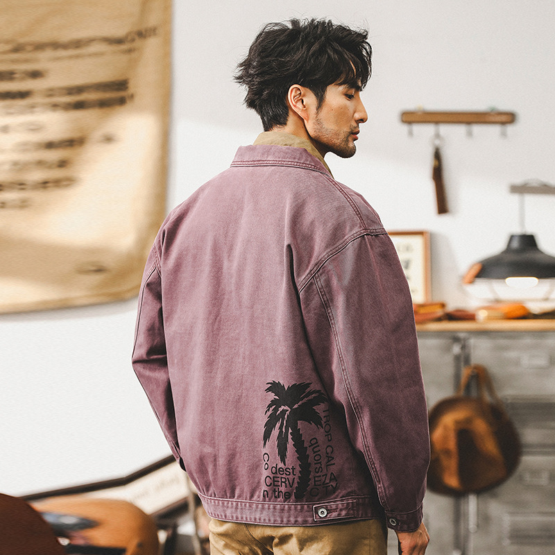 傑雷諾美式重磅複古紫色工裝夾克男秋季潮牌寬松休閑男士外套春秋