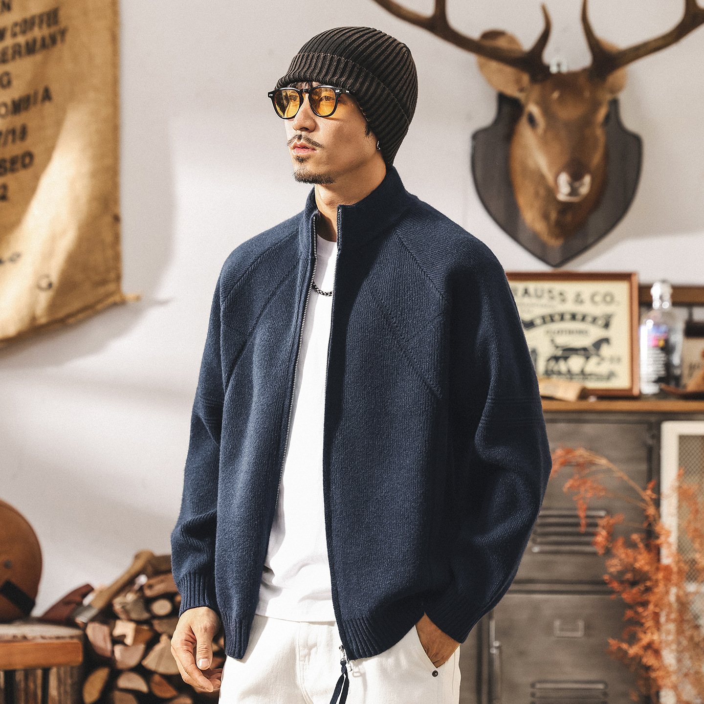 美式復古7針重磅開衫毛衣男春秋雙拉鍊半高領針織衫外套男士秋冬