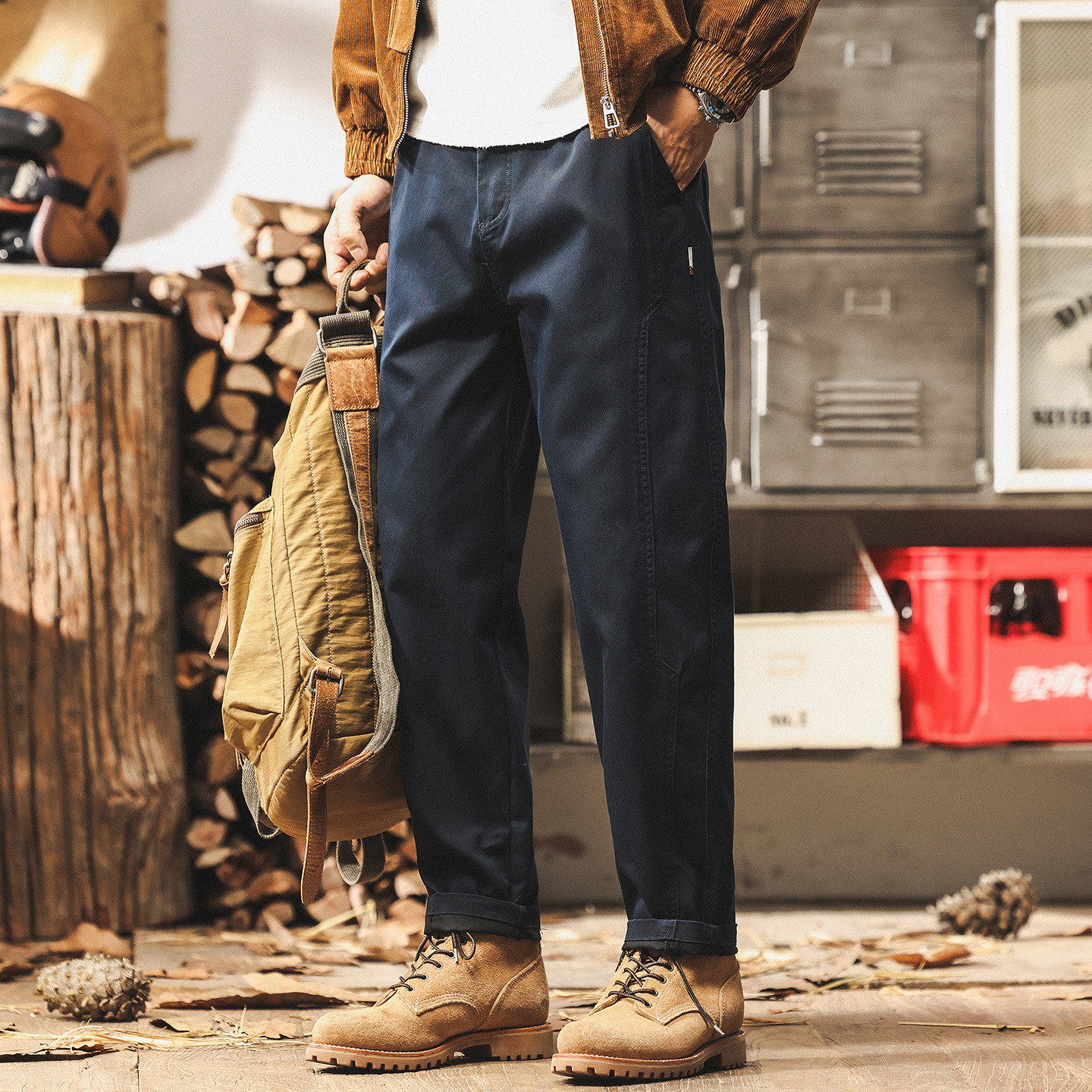 美式復古藏青色工裝褲子男款秋季潮牌百搭直筒寬鬆簡約男士休閒褲