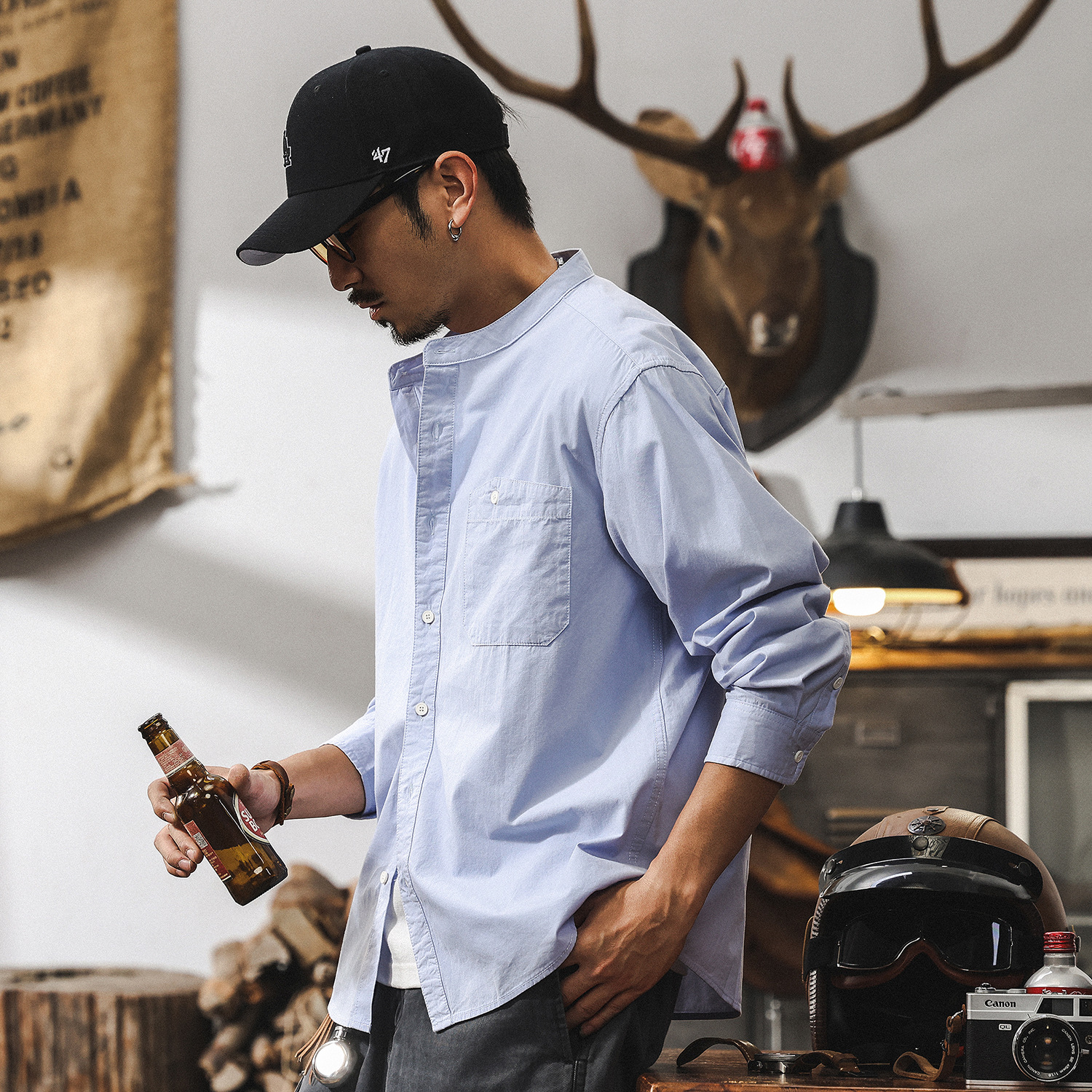 美式復古立領襯衫男秋季2025新款日系潮流簡約百搭休閒襯衣男上衣