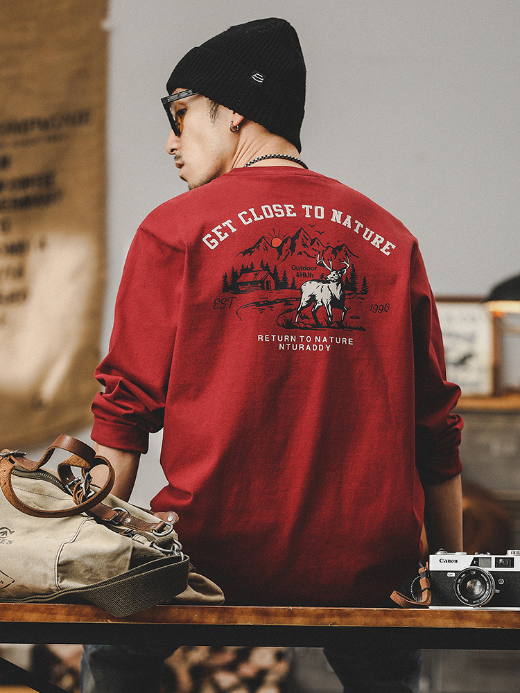 美式重磅T恤男長袖春季2024新款潮牌上衣山系印花男裝衣服男