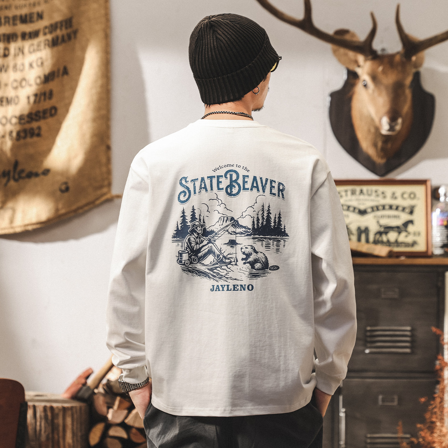 美式山系復古白色T恤男長袖寬鬆2026春季新款圓領休閒上衣男