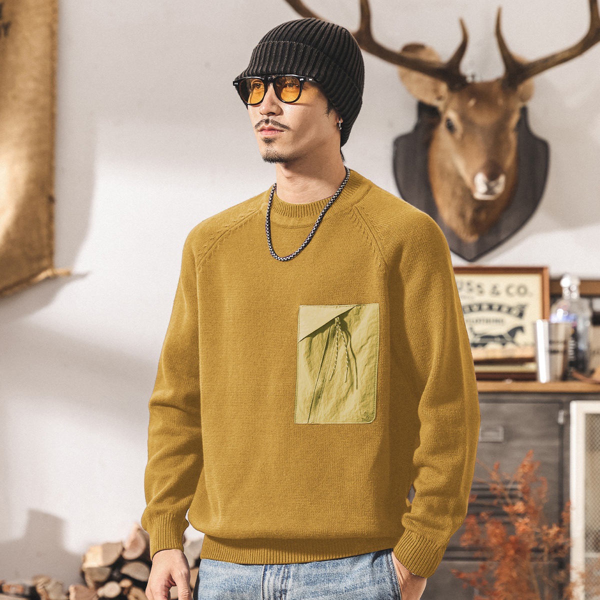 美式復古圓領毛衣男2025新款冬季保暖毛線衣男士針織衫休閒上衣男