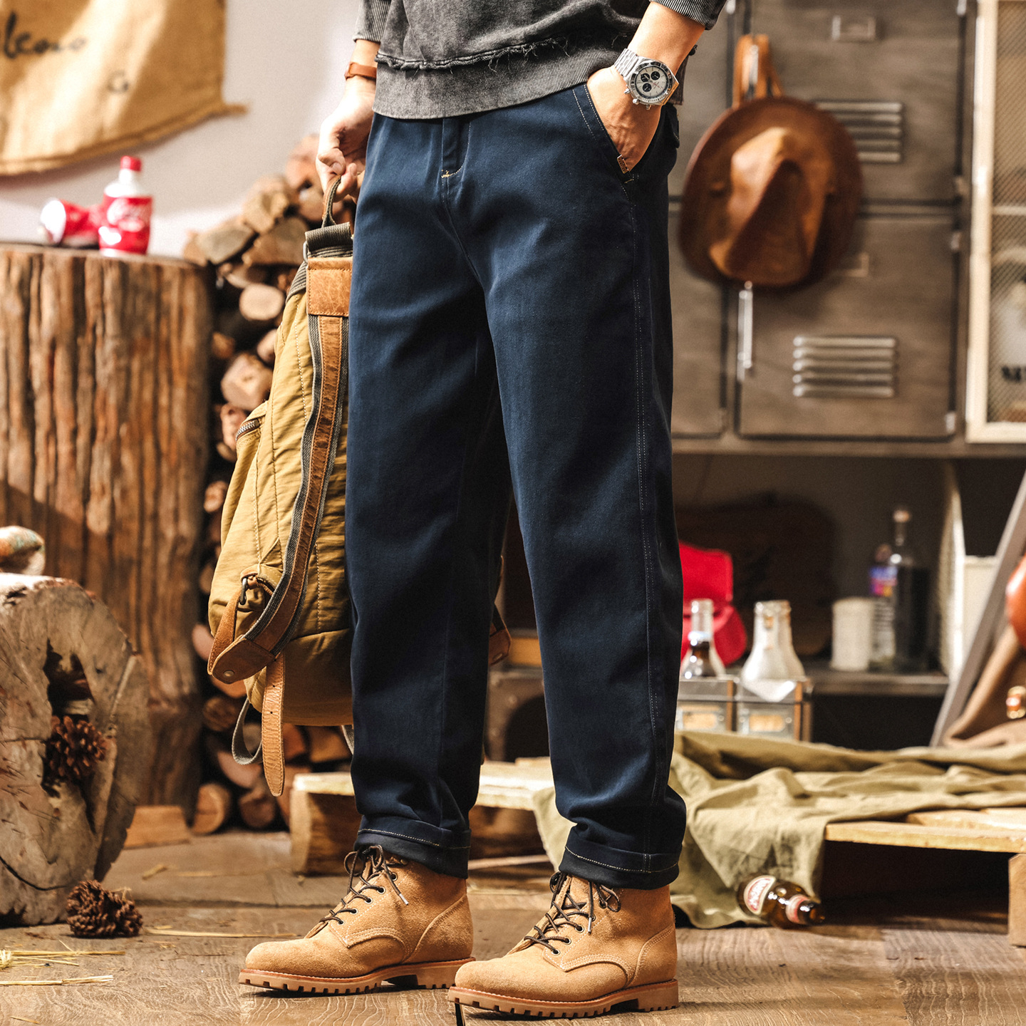 美式復古簡約工裝褲子男2025新款寬鬆大碼男褲藏青色休閒秋季長褲