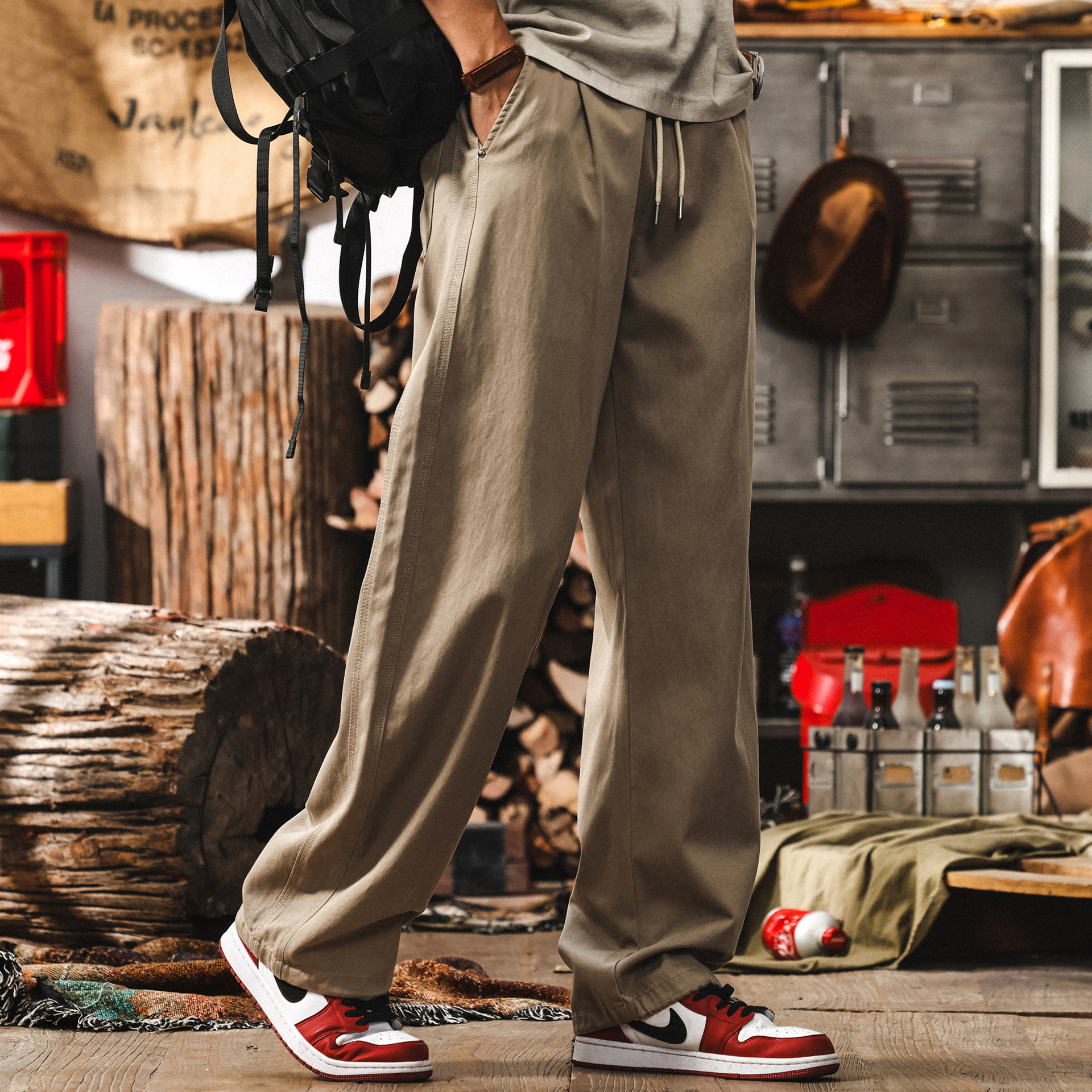 美式復古卡其色褲子男夏季薄款垂感萊賽爾長褲寬鬆直筒男士休閒褲