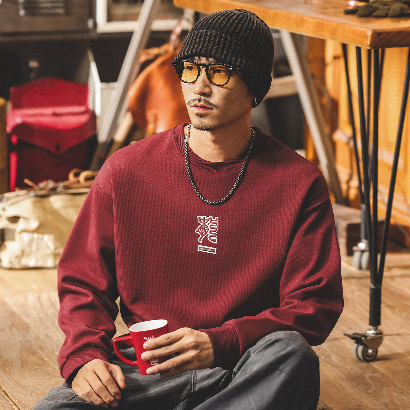 美式復古320g重磅衛衣男春秋新款2025潮牌寬鬆休閒長袖紅色上衣男