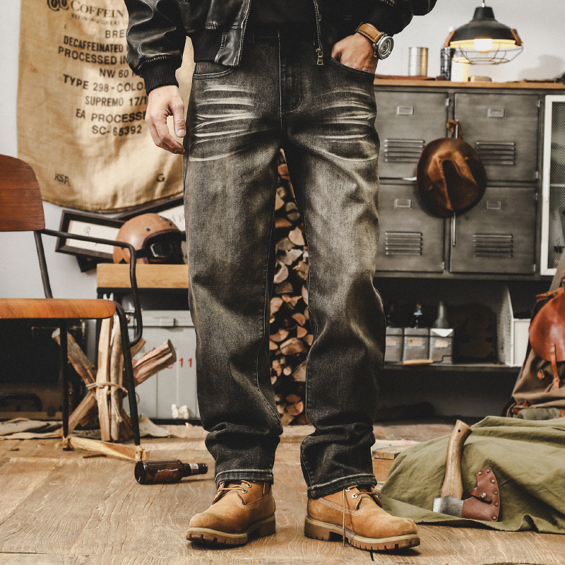 美式複古阿美咔叽牛仔褲男寬松直筒高街褲子男做舊水洗秋季休閑褲