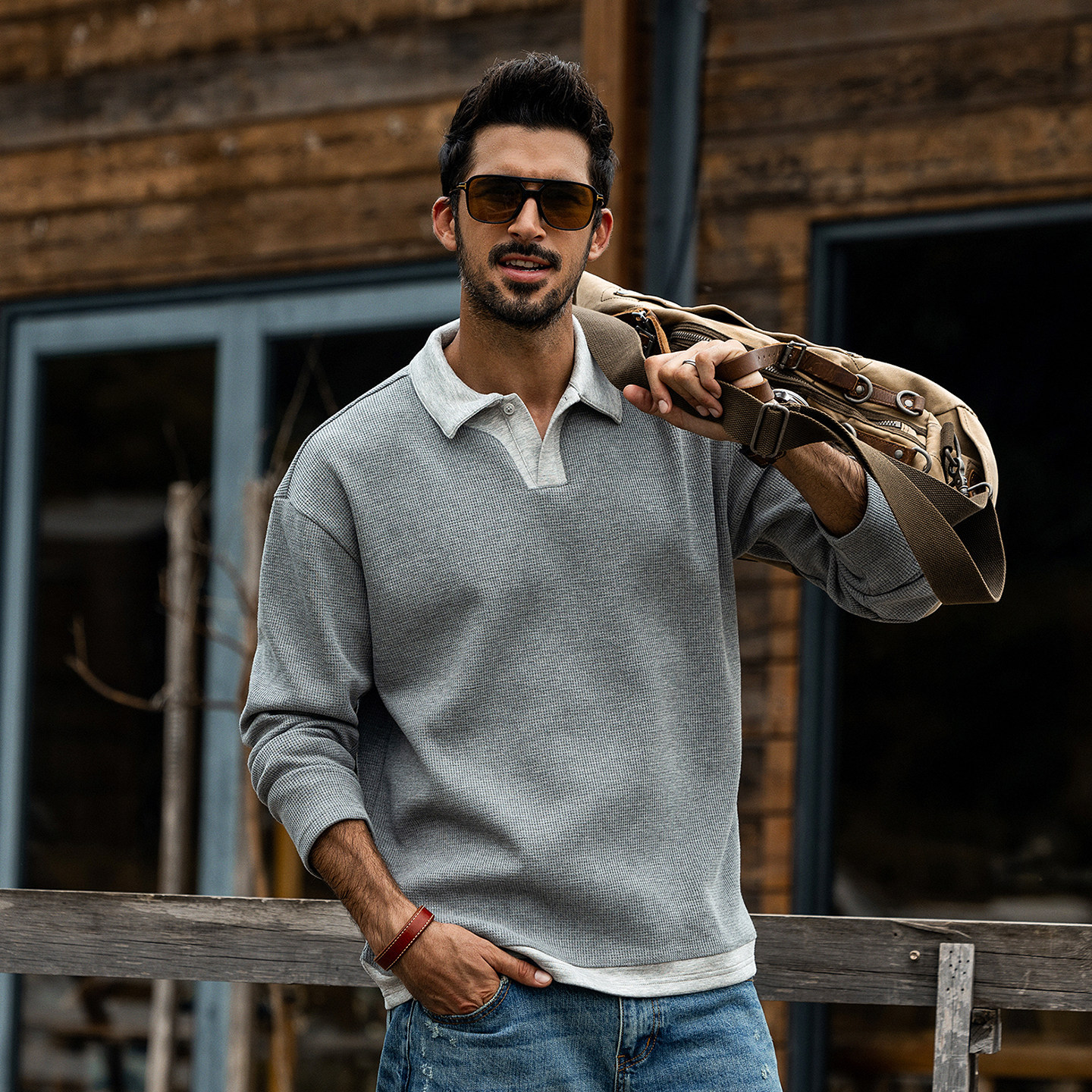 美式重磅復古polo衫男長袖春秋新款潮牌寬鬆華夫格假兩件上衣男款