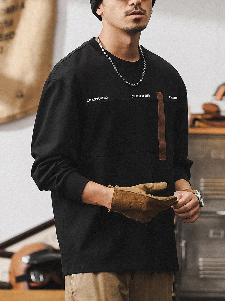 美式潮牌重磅長袖t恤男秋季2024新款撞色潮流休閑寬松上衣男