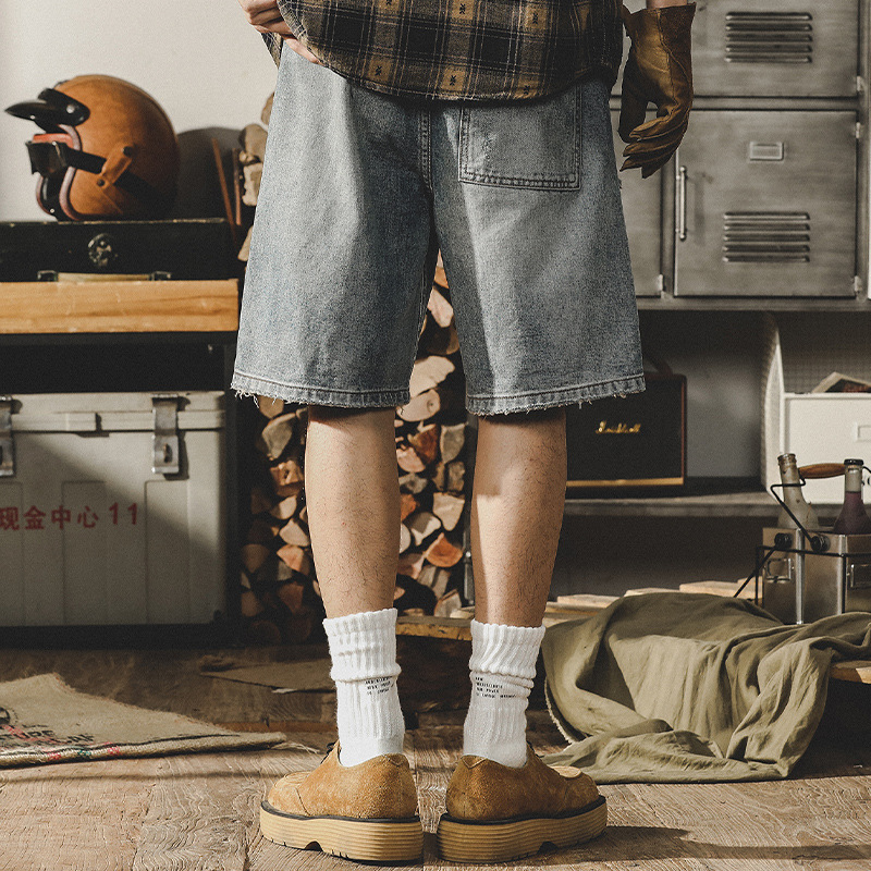 杰雷諾美式復古牛仔短褲男夏季寬鬆大碼破洞工裝五分褲男潮流中褲