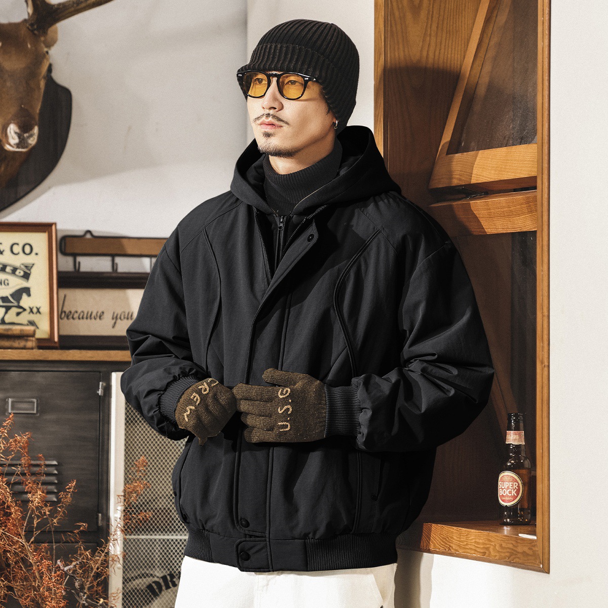 美式復古假兩件連帽冬季工裝羽絨服男寬鬆加厚90鴨絨禦寒保暖外套