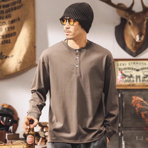 美式復古亨利領t恤男長袖秋季2025新款潮流上衣男寬鬆休閒polo衫