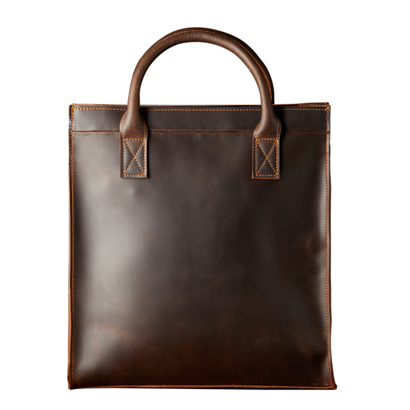 手工頭層牛皮商務通勤手提包男士單肩斜挎包復古瘋馬皮豎款公文包